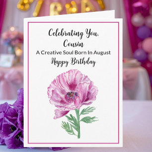 Cousin Happy August Birthday Purple Poppy Card
