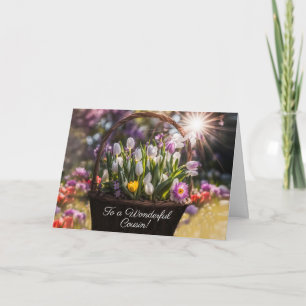 Cousin Happy Easter with Basket of Spring Bulbs Card