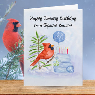 Cousin Happy January Birthday Cardinal with Cake Card