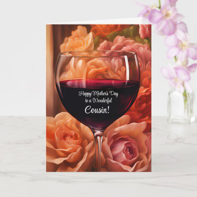 Cousin Happy Mothers Day with Wine and Flowers Card (Orchid)