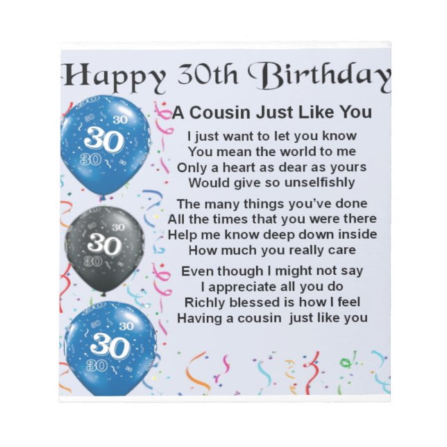 Cousin Poem 30th Birthday Notepad (Front)