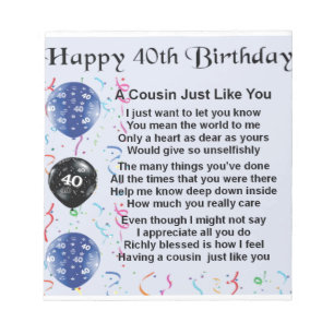 Cousin Poem 40th Birthday Notepad