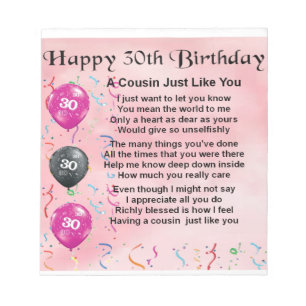 Cousin Poem - Pink - 30th Birthday Notepad