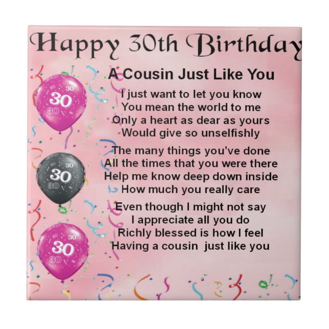 Cousin Poem - Pink - 30th Birthday Tile (Front)