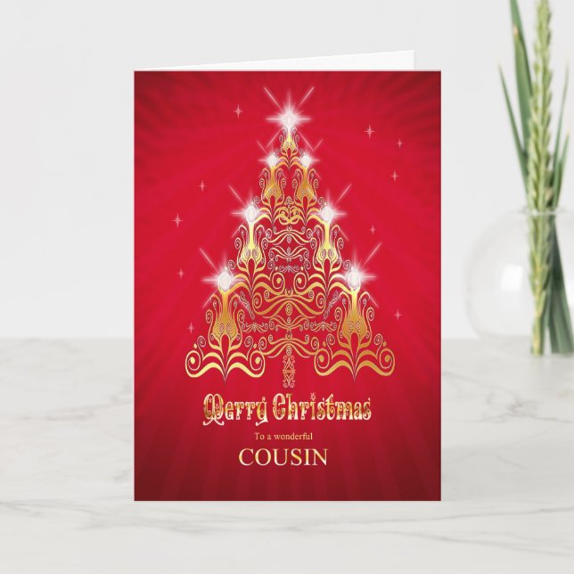 Cousin, Stylised Christmas tree Christmas card (Front)