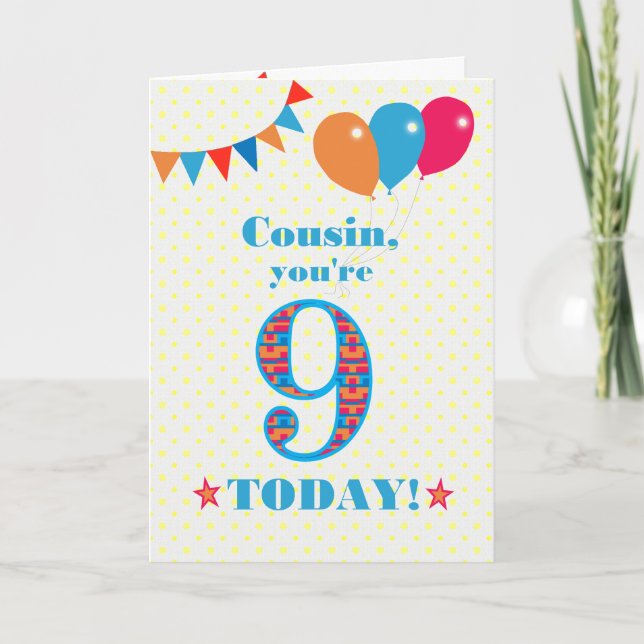 Cousin's 9th Birthday Bunting Stars Balloons Card (Front)