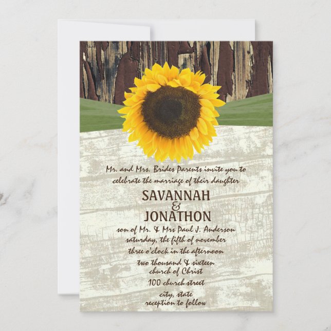 Coutry Chic Barn Wood Sunflower Wedding Invitation (Front)