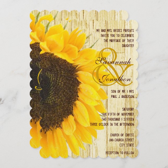 Coutry Chic Barn Wood Sunflower Wedding Invitation (Front/Back)