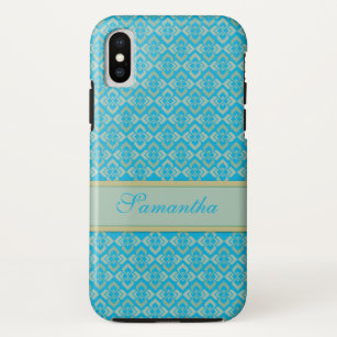 Couture diamond blue golden pattern custom name iPhone XS case