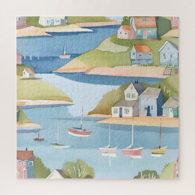 Cove of Boats | Modern Watercolor Painting Jigsaw Puzzle (Vertical)