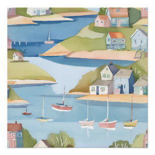 Cove of Boats Modern Watercolor Painting Poster