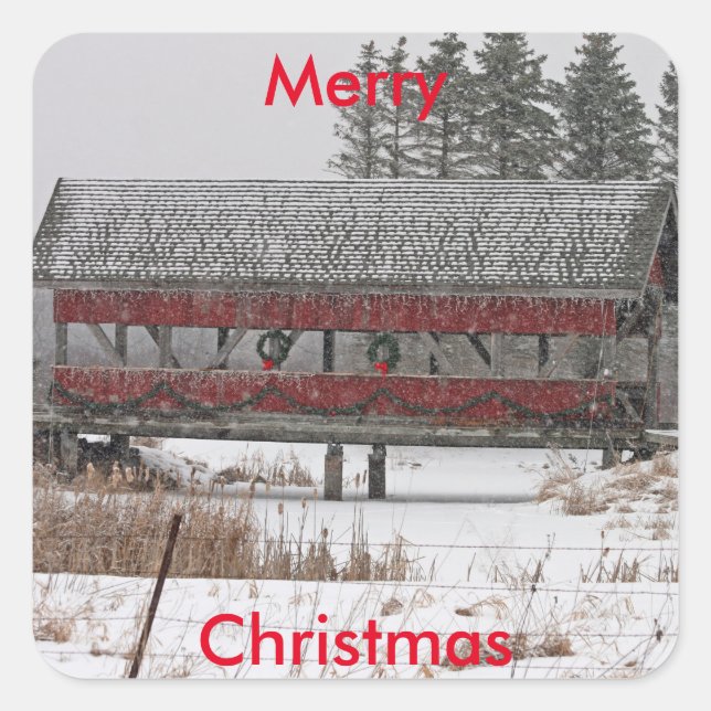 Covered Bridge Christmas Square Sticker (Front)