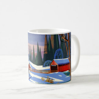 Covered bridge in winter with skier coffee mug