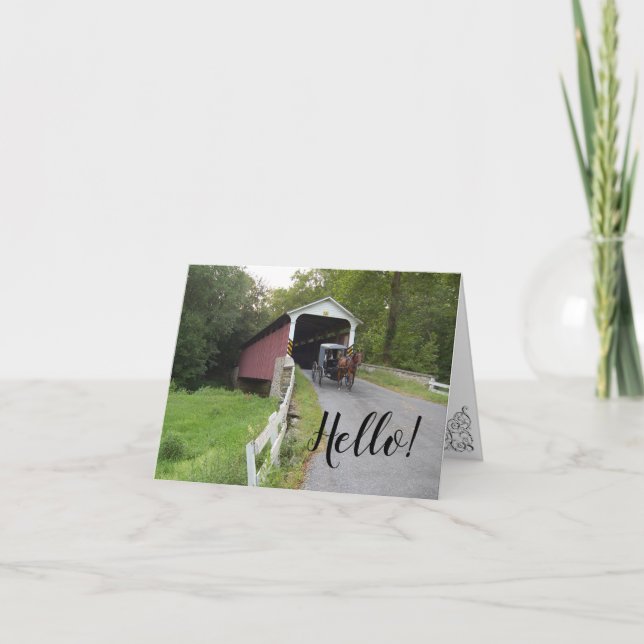 Covered Bridge Penn Amish Buggy Hello Note Card (Front)