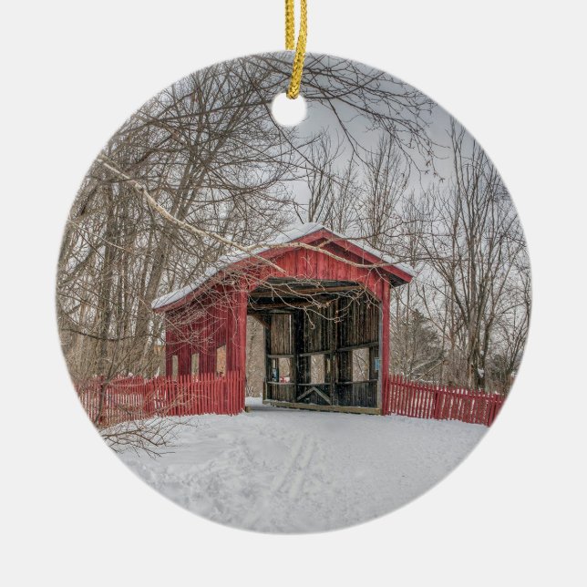 Covered Bridge Red Snow Photo Ceramic Tree Decoration (Front)