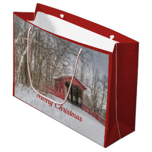 Covered Bridge Red Snow Photo Christmas Large Gift Bag