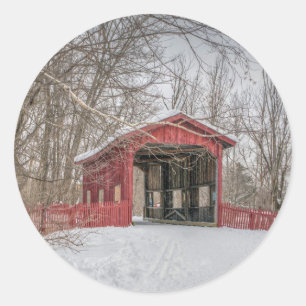 Covered Bridge Red Snow Photo Classic Round Sticker