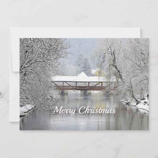 Covered Bridge Snow Photo Christmas Flat Holiday Card (Front)