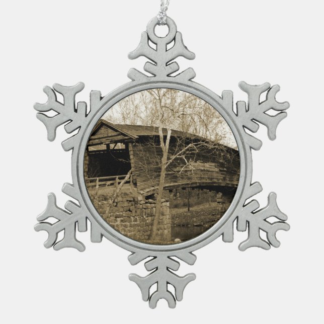 Covered Bridge Snowflake Pewter Christmas Ornament (Front)