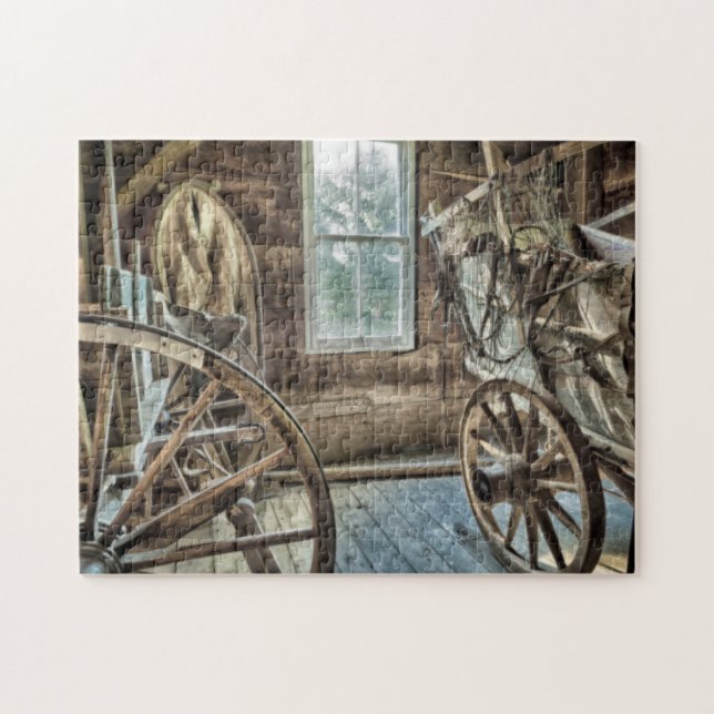 Covered wagon, wooden wagon wheel jigsaw puzzle (Horizontal)