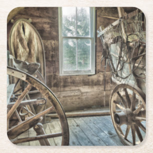 Covered wagon, wooden wagon wheel square paper coaster