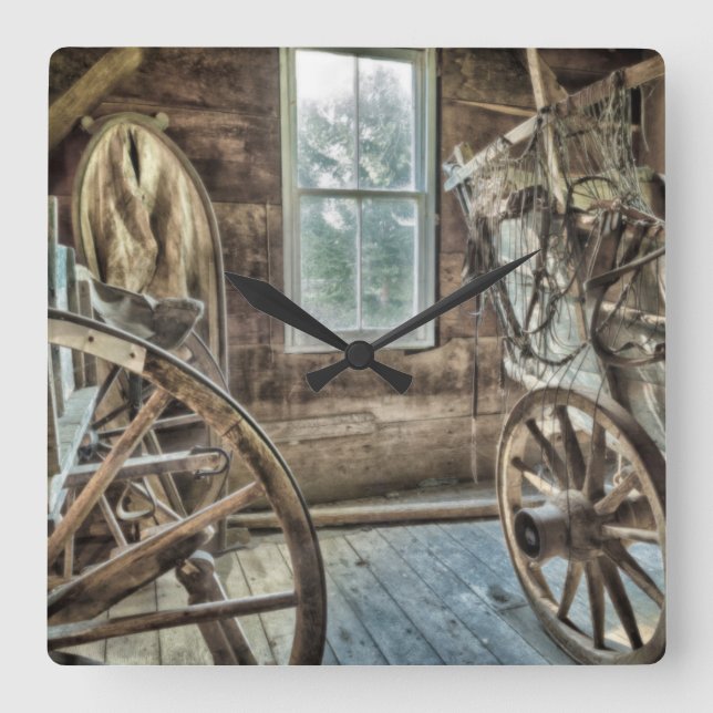 Covered wagon, wooden wagon wheel square wall clock (Front)
