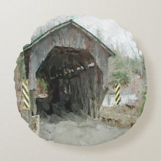 Covered Wooden Bridge Round Cushion