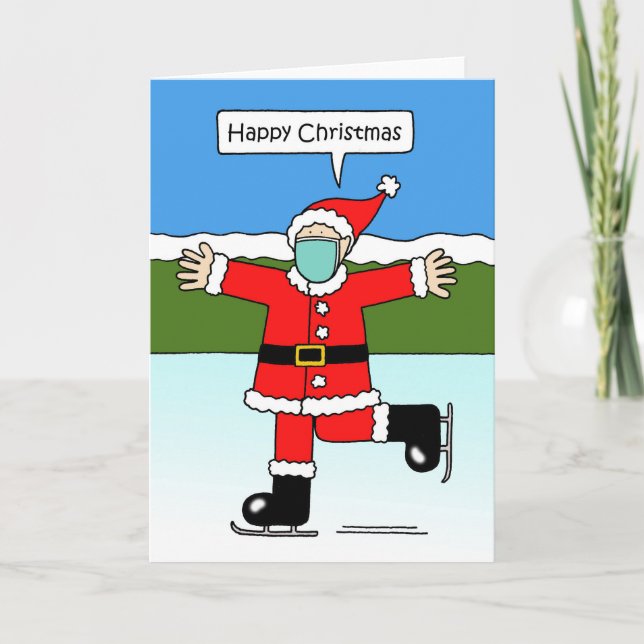 Covid 19 Christmas Santa on Skates Holiday Card (Front)