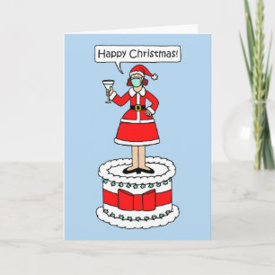 Covid 19 Happy Christmas Lady on a Cake. Card
