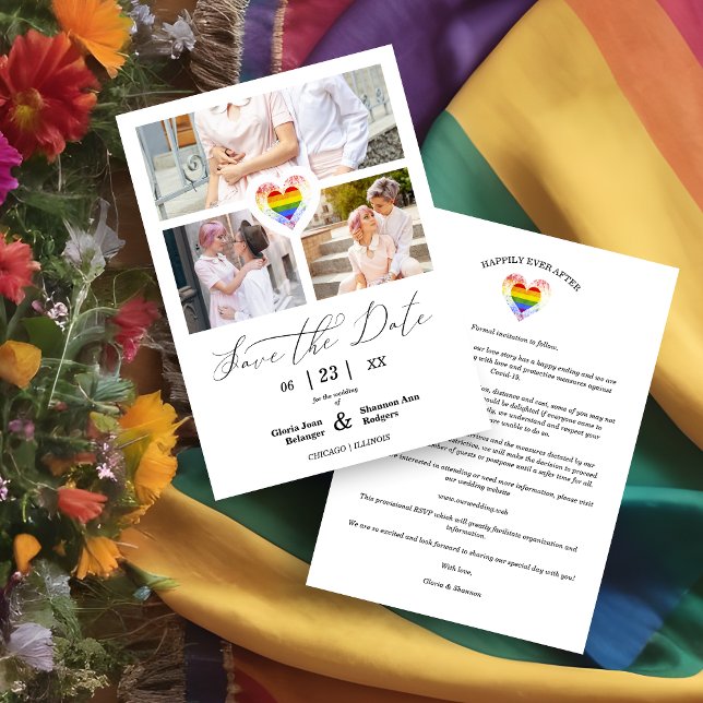 Covid 19 Pride Rainbow Heart Lesbian Gay 3 Photos Save The Date (Creator Uploaded)