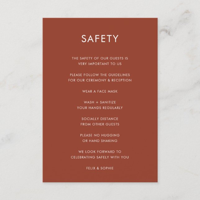 Covid 19 Safety | Terracotta Burnt Orange Wedding Enclosure Card (Front)