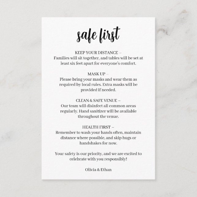 Covid-19 Wedding Safety Modern Script Card (Front)