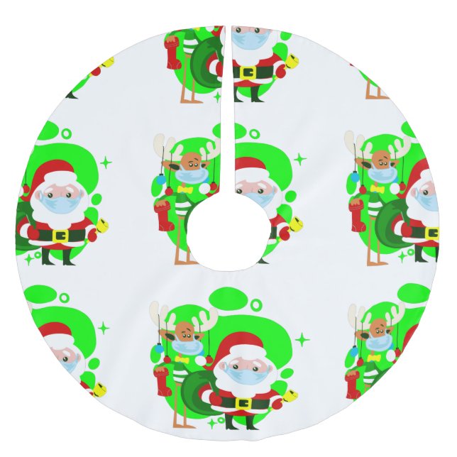 covid christmas santa claus reindeer brushed polyester tree skirt (Front)