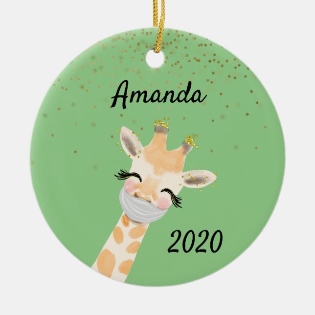 Covid Giraffe Wearing Face Mask 2020 Ceramic Tree Decoration (Front)