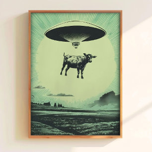 Cow Abduction Print Retro UFO Poster Alien Wall Ar