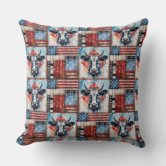 Cow American Flag Folk Art Cushion (Front)