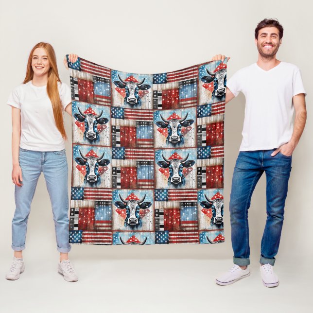 Cow American Flag Folk Art Fleece Blanket (In Situ)