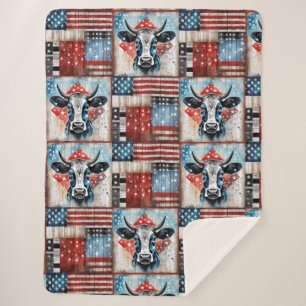 Cow American Flag Folk Art Sherpa Blanket