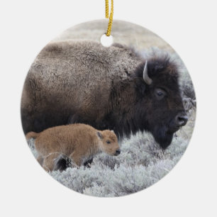 Cow and Calf Bison, Yellowstone 2 Ceramic Tree Decoration