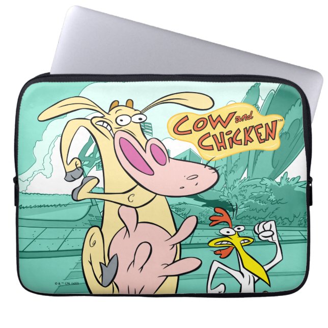 Cow and Chicken Running Graphic Laptop Sleeve (Front)