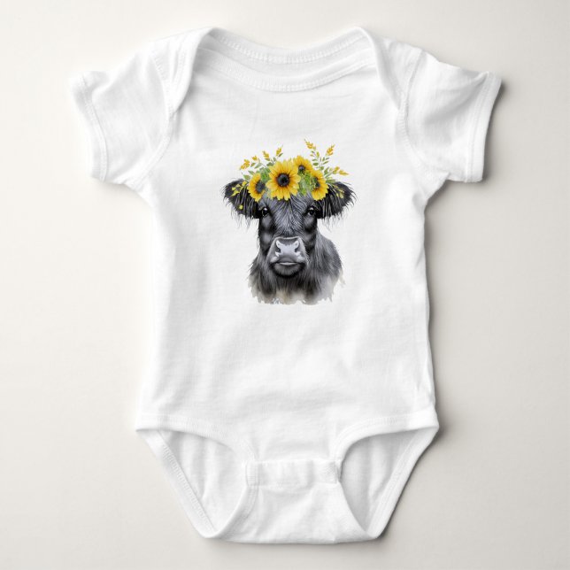 Cow and Sunflowers, highland cow Baby Bodysuit (Front)