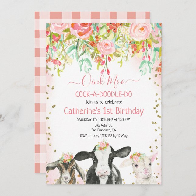 Cow Animal Oink Moo Cockadoodle Doo Birthday   Invitation (Front/Back)