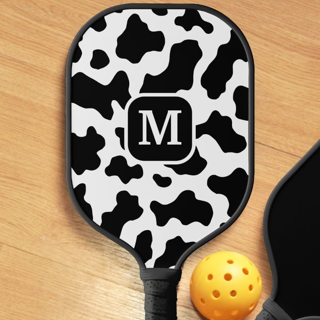 Cow Animal Print Spotted Black & White Monogram Pickleball Paddle (Cow Animal Print Spotted Black & White Monogram Pickleball Paddle)