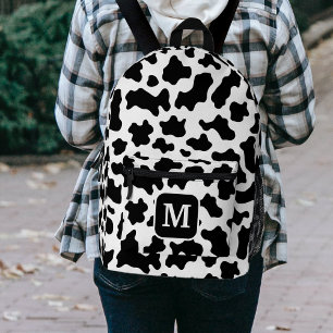 Cow Animal Print Spotted Black & White Monogram Printed Backpack