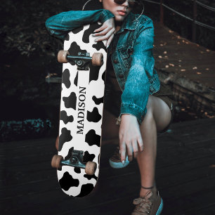 Cow Animal Print Spotted Black & White Name Skateboard