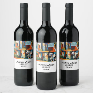 cow art cubism wine label