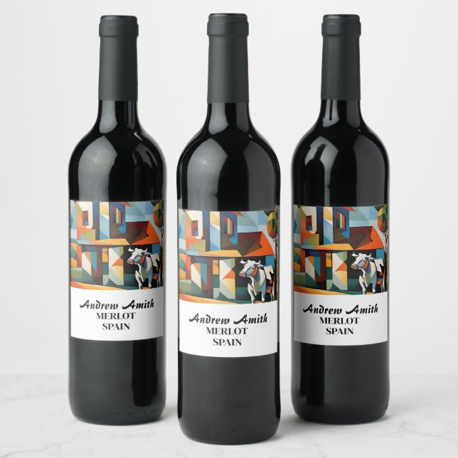 cow art cubism wine label (Bottles)