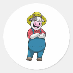 Cow as Farmer with Hat Classic Round Sticker