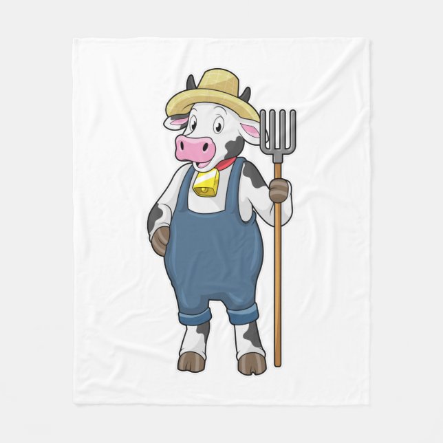 Cow as Farmer with Pitchfork Fleece Blanket (Front)