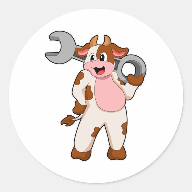 Cow as Mechanic with Wrench Classic Round Sticker (Front)